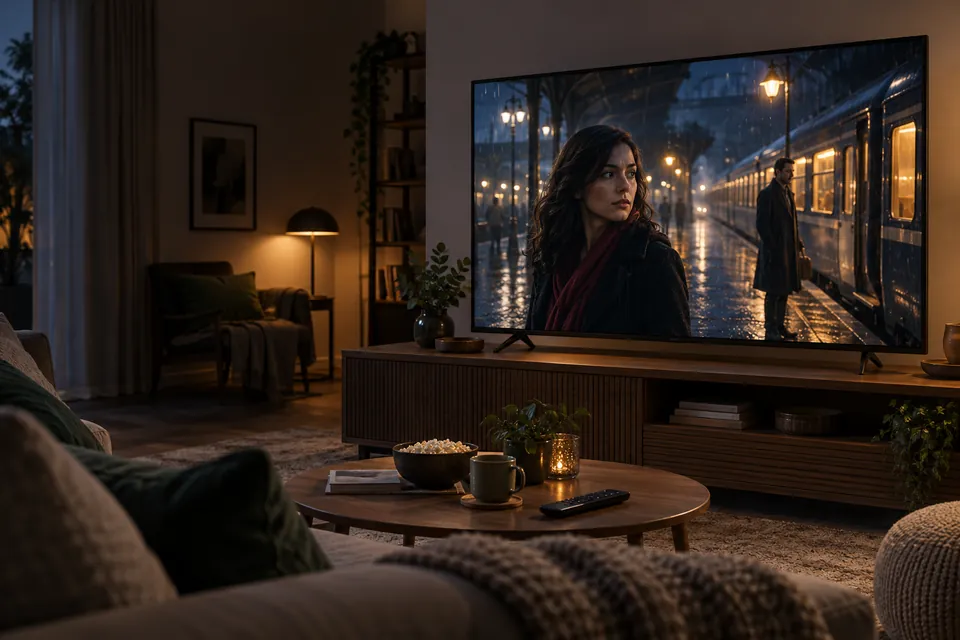 Una noche de televisión en casa, con una escena de ficción en la pantalla.